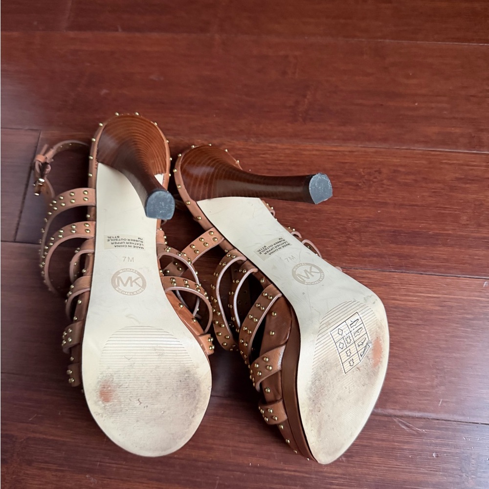 Michael Kors Studded Tan Strappy High Heel Sandals - Picture 5 of 7